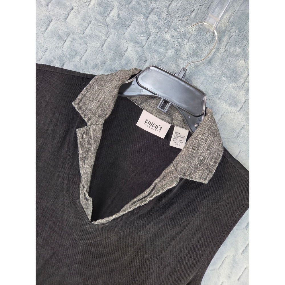Chicos Travelers Black Sleeveless Top Grey Linen Notched Collar Size 2 M L USA